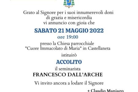 Conferimento del ministero dell’Accolitato al seminarista Francesco Dall’Arche – Diocesi di Castellaneta