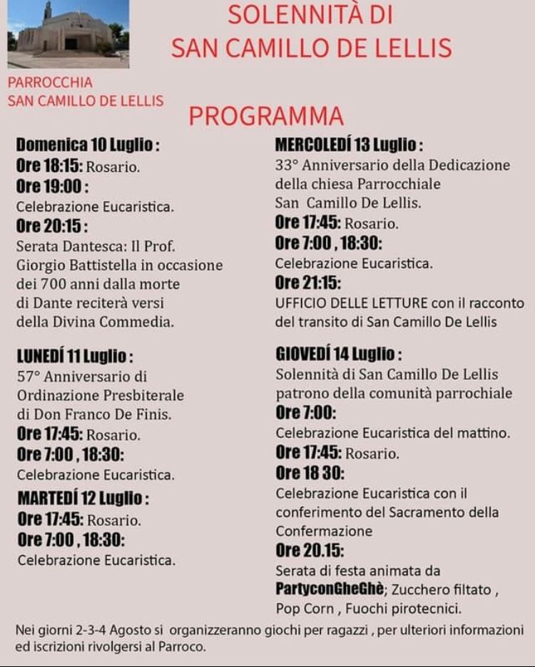 Istituto Pastorale Pugliese » Triduo e solennità di San Camillo de